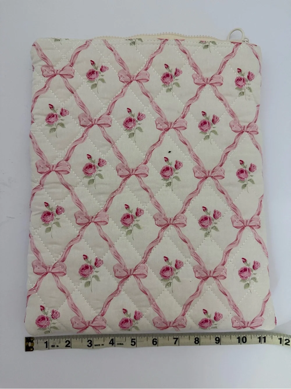 Quilted Pink Bow Rose iPad Laptop Sleeve Coquette Floral Tablet Case Cottagecore